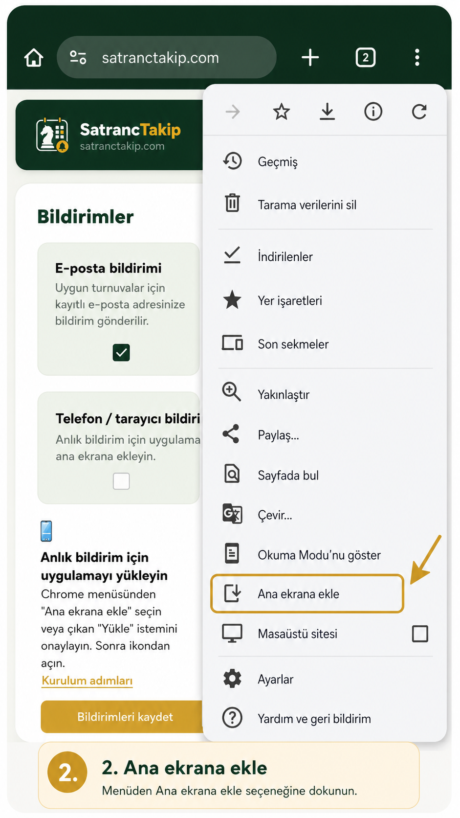 Adım 2: Menüde Ana ekrana ekle seçeneğine dokunun