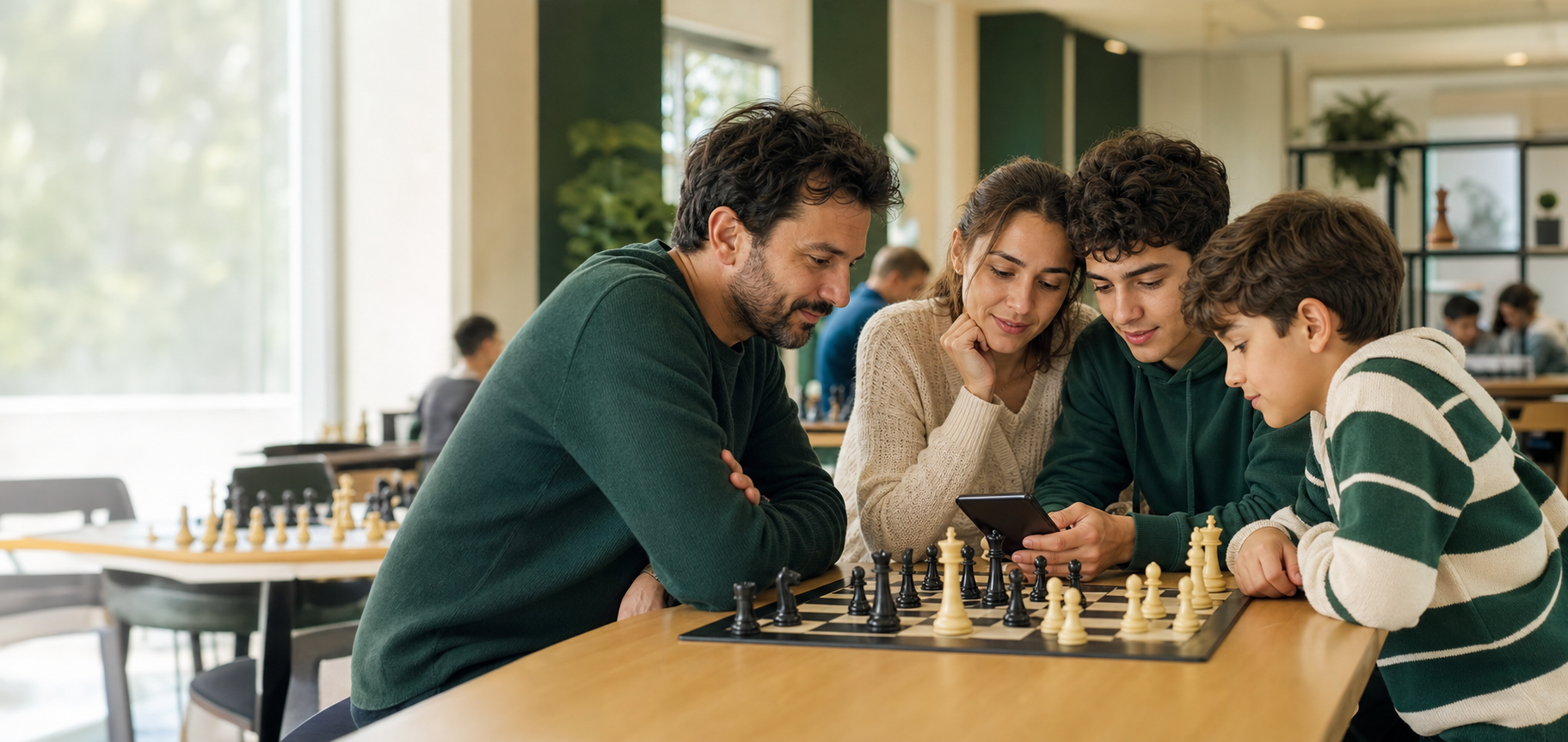 Satranç tahtası başında turnuva takvimi inceleyen farklı yaşlardan sporcular ve aile üyeleri